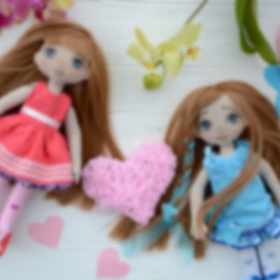 Cute spring handmade sister dolls with pink heart